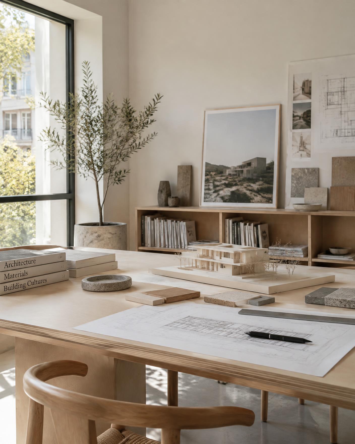 Mesa de trabalho de escritório de arquitetura com maquete e amostras de materiais