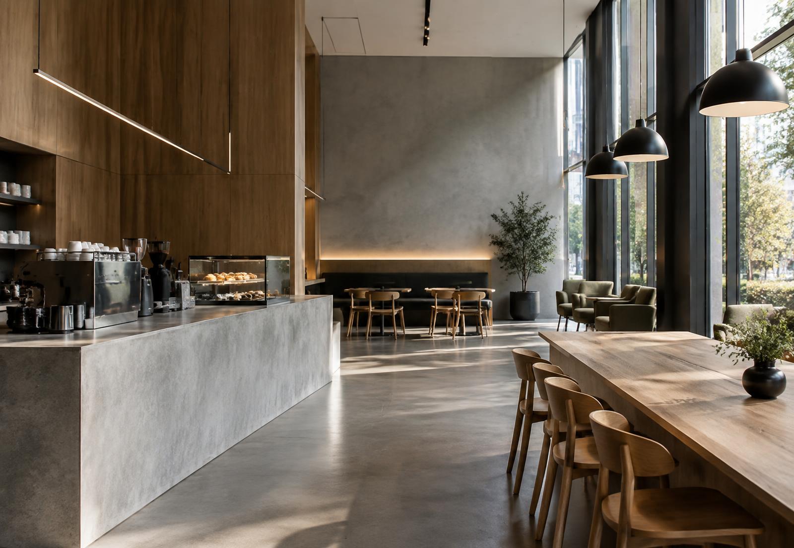 Interior comercial minimalista com balcão em concreto e madeira