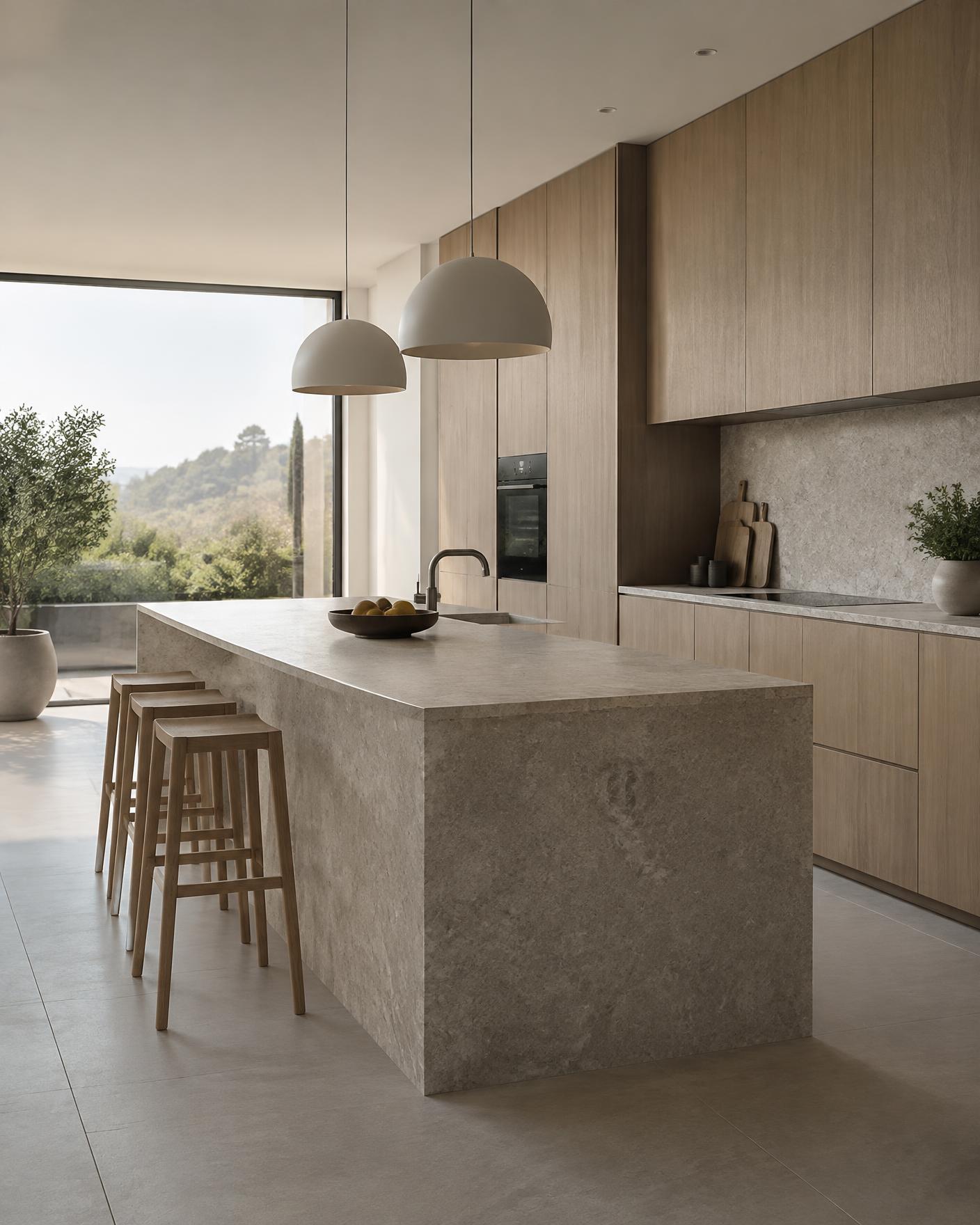 Cozinha contemporânea com ilha em pedra e marcenaria em madeira clara