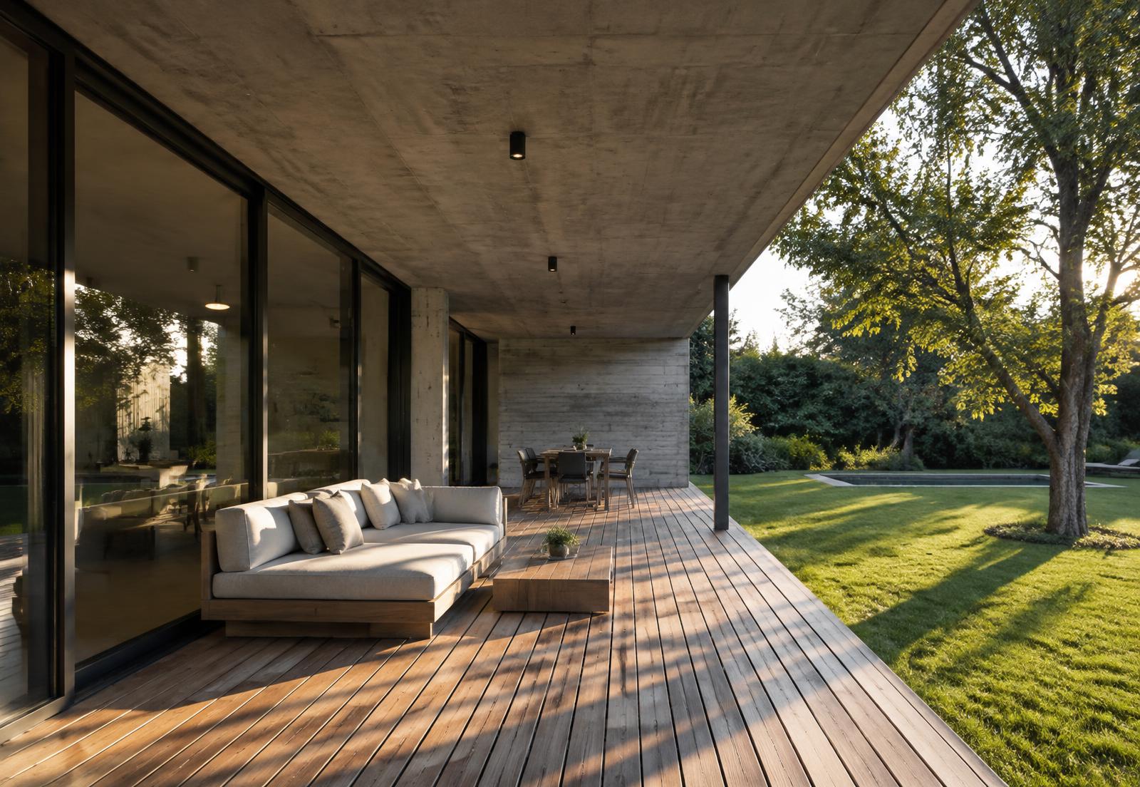 Terraço coberto de residência contemporânea integrado ao jardim